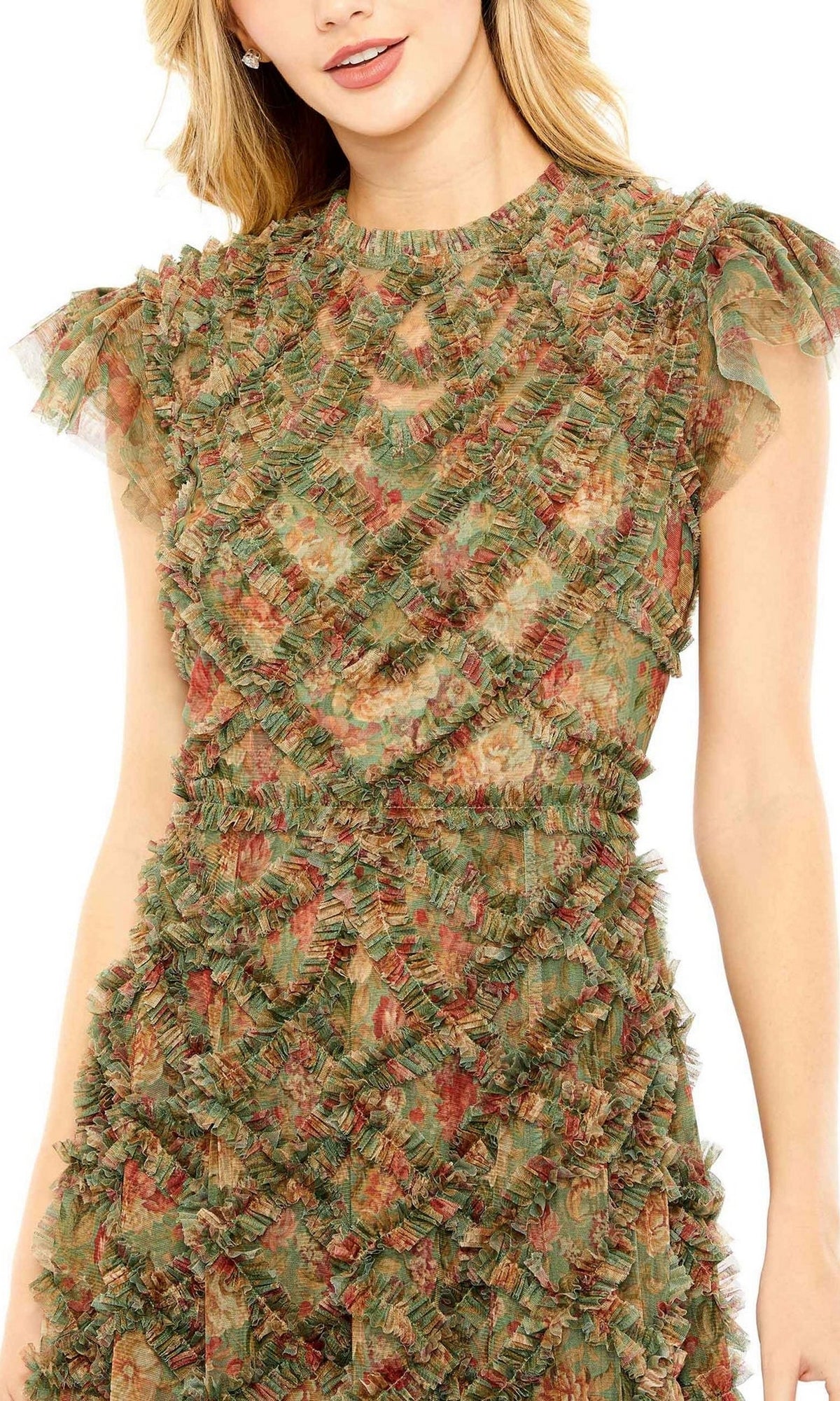 Woman wearing the Knee Length Wedding Guest Dress 8009 by Mac Duggal, a textured, ruffled cap sleeve midi dress with a green, brown, and red floral pattern. Only her upper body is shown; her face is partially visible.
